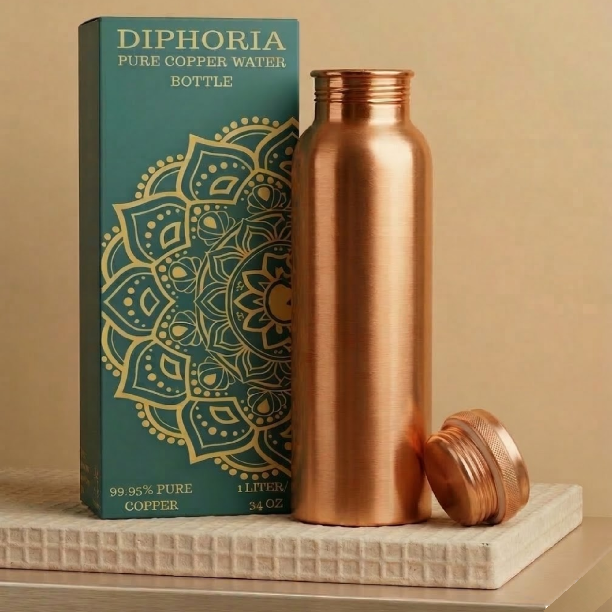 DIPHORIA copper bottle features — antimicrobial, BPA free, plastic free