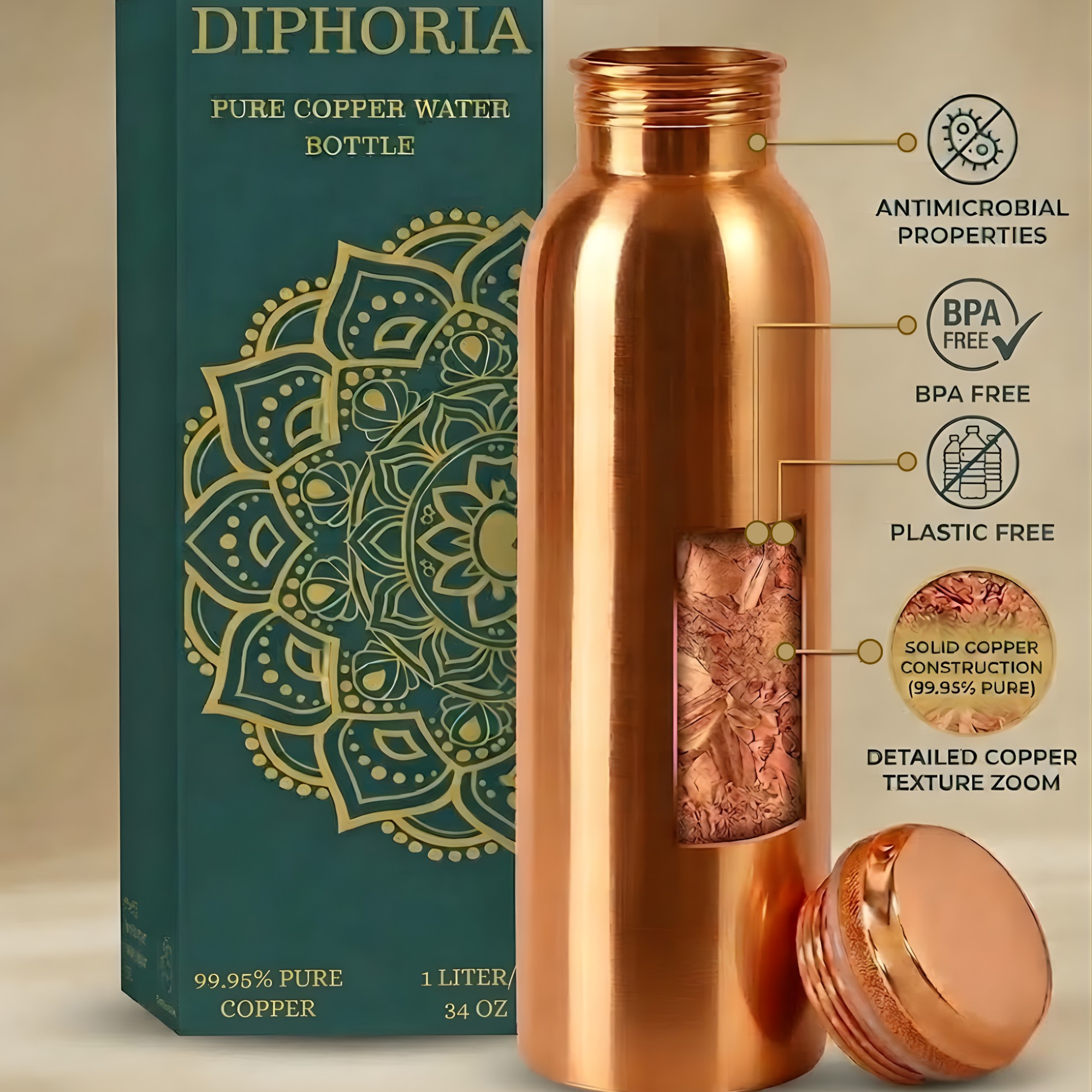 DIPHORIA copper bottle with open cap on wooden surface