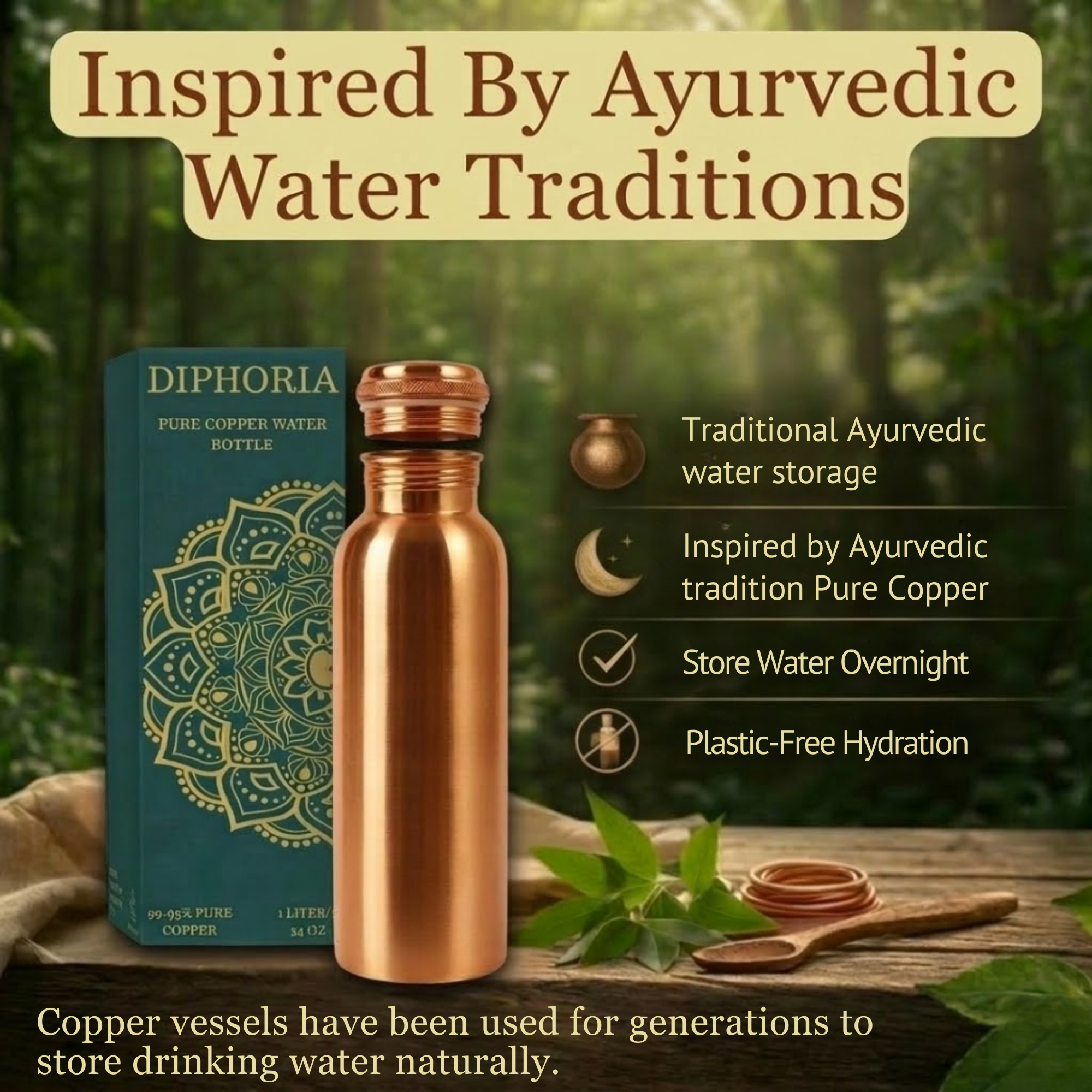 DIPHORIA copper bottle in natural setting with leaves and stones