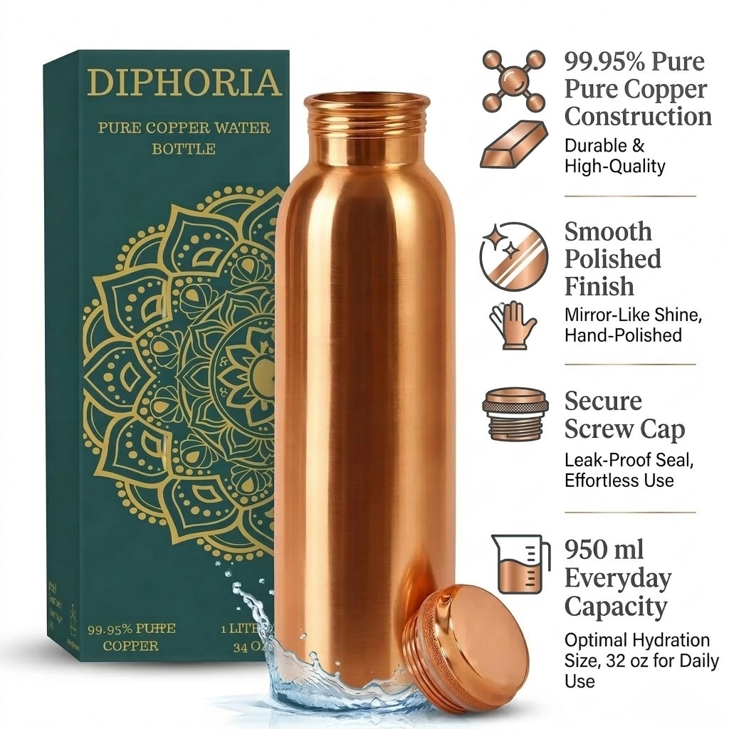 DIPHORIA copper bottle specs — 99.95% pure copper construction