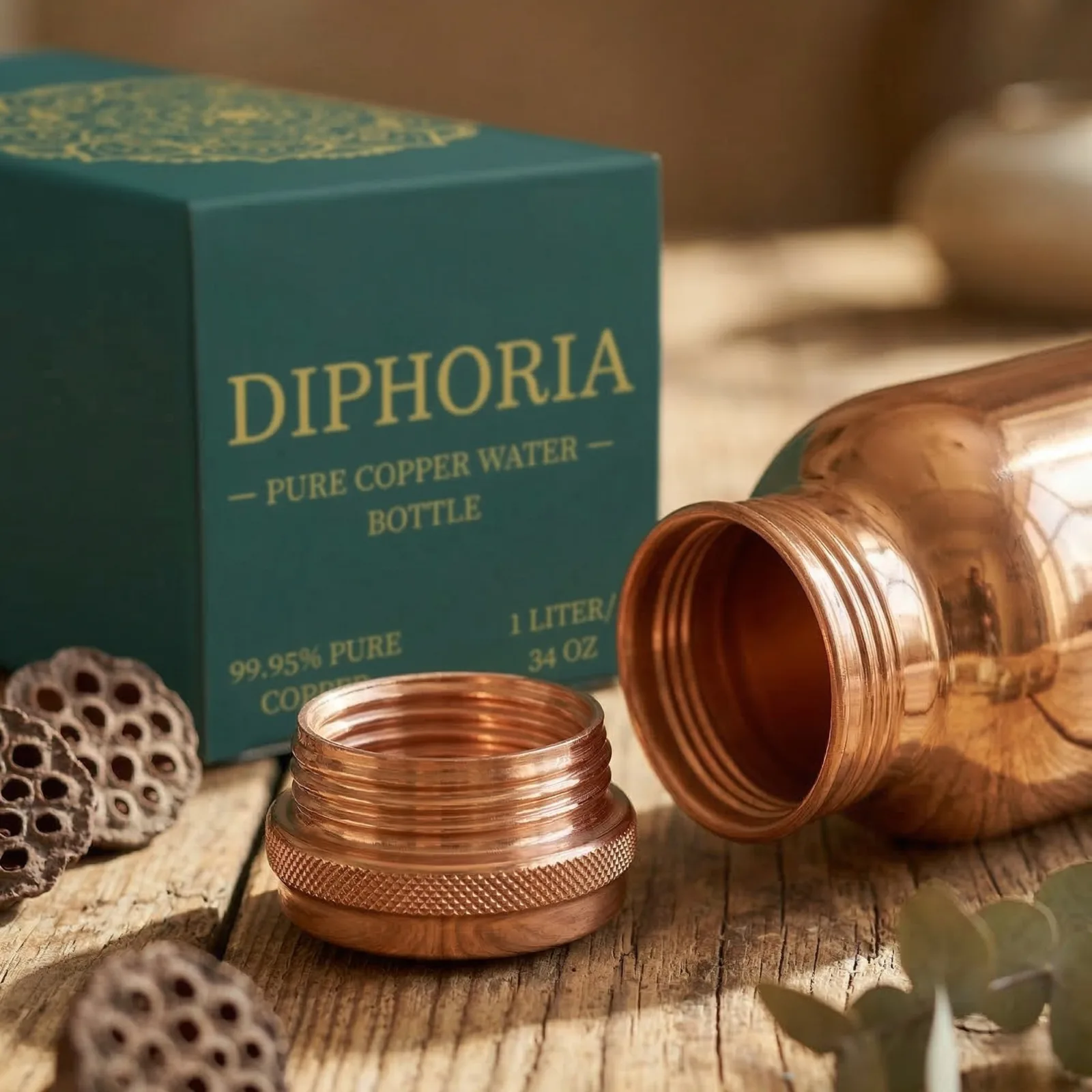 DIPHORIA copper bottle precision screw cap detail on wooden surface