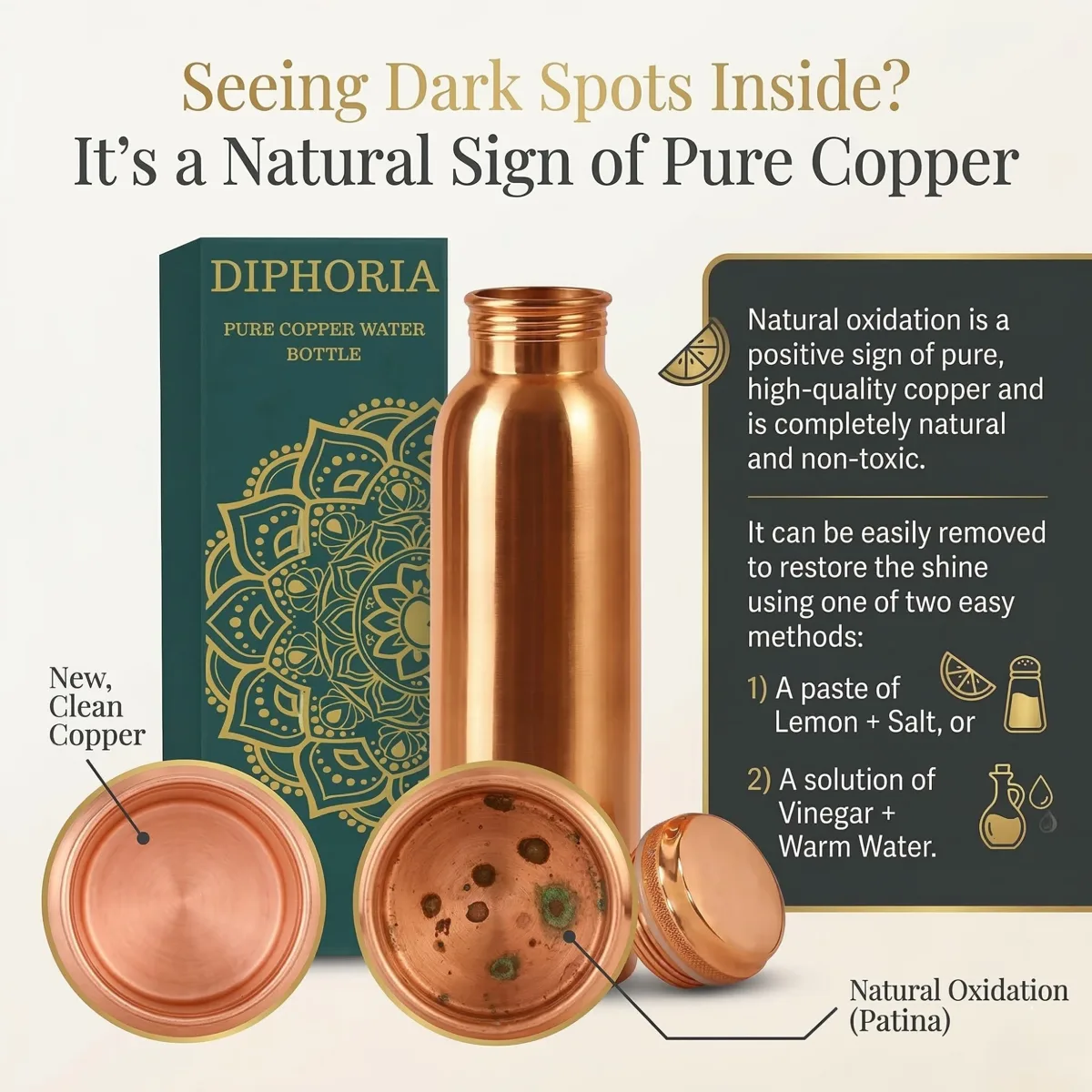 Seeing dark spots inside? Natural sign of pure copper — oxidation guide